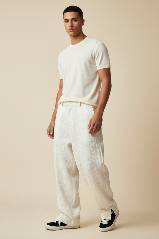 Pantalon Baggy Écru Ample Texturé Décontracté Homme - Beige Maille