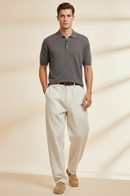 Pantalon Baggy Beige Lin Ample Décontracté Homme