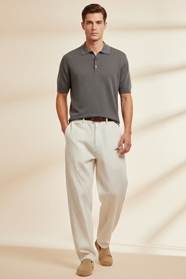 Pantalon Baggy Beige Lin Ample Décontracté Homme