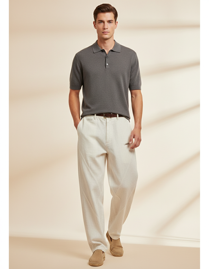 Pantalon Baggy Beige Lin Ample Décontracté Homme