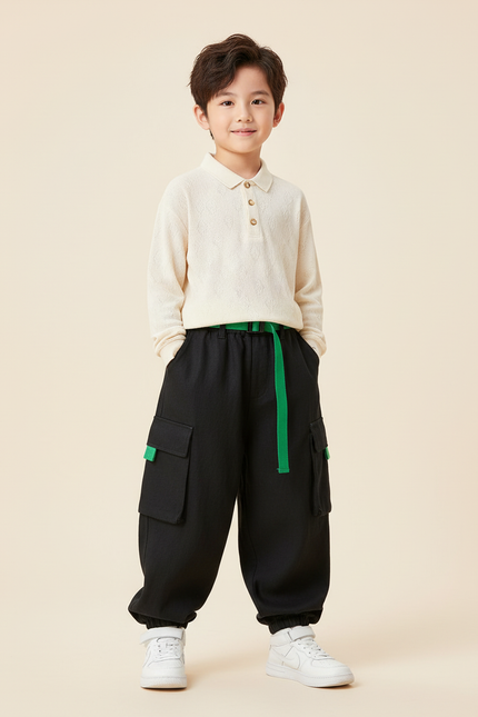 Pantalon Baggy Noir Cargo Ample Garçon Ceinture Verte - Toile