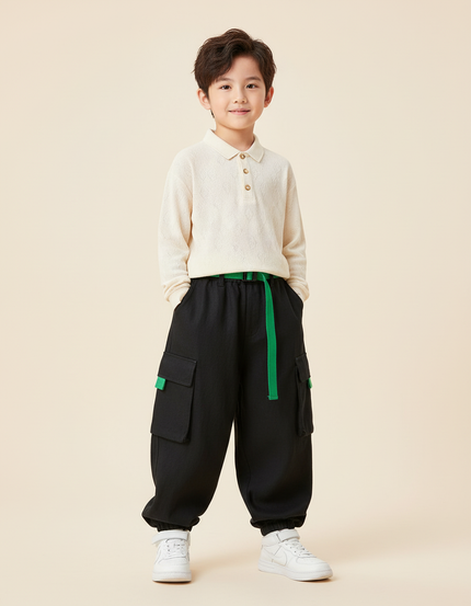 Pantalon Baggy Noir Cargo Ample Garçon Ceinture Verte - Toile