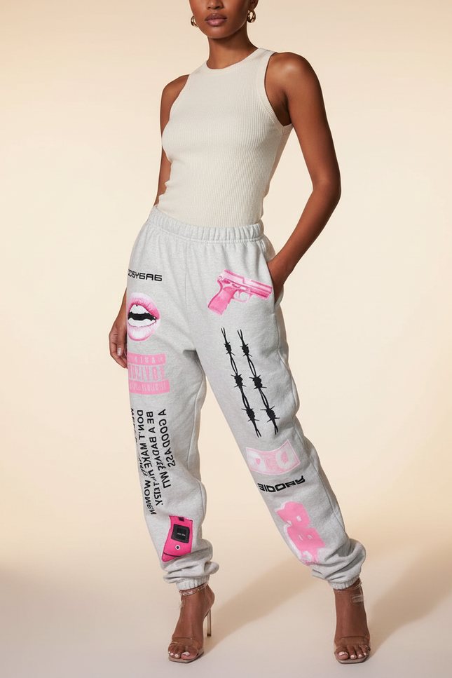 Pantalon Baggy Gris Imprimé Rose Décontracté Femme - Molleton