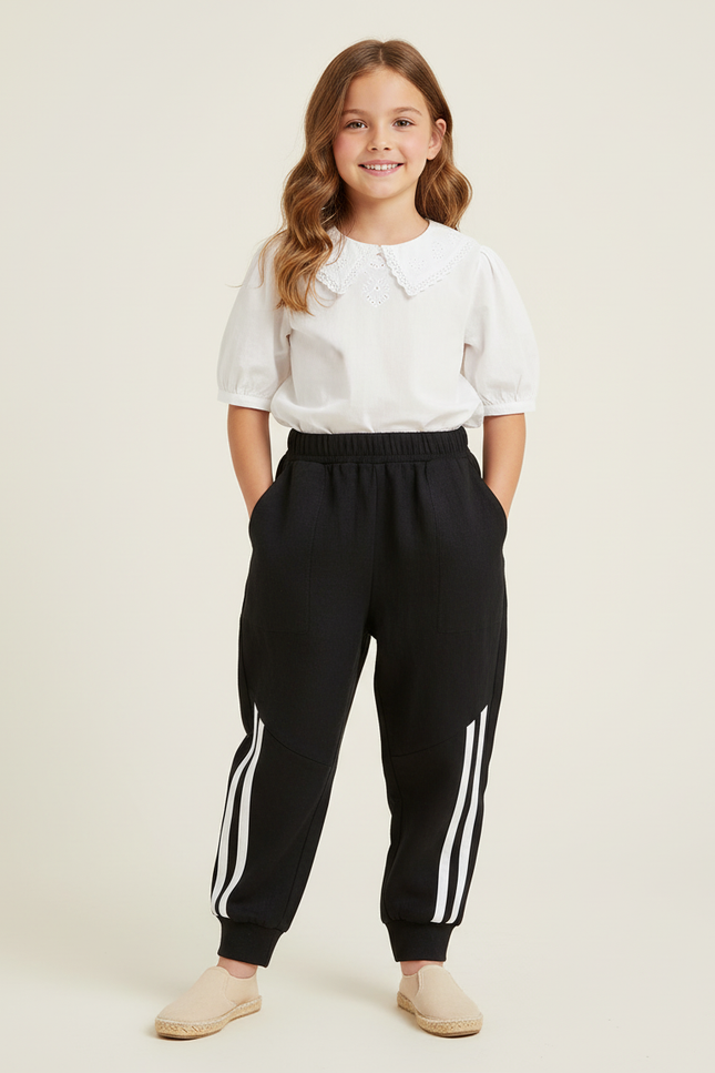 Pantalon Baggy Noir Rayures Blanches Molletonné Enfant Sportif