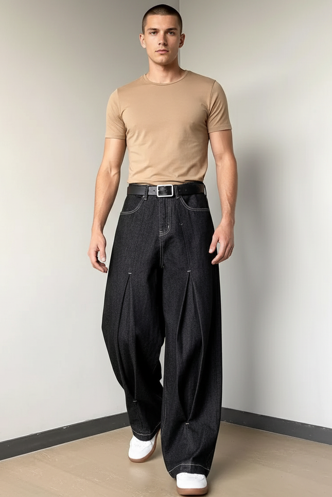Pantalon Baggy Denim Noir Plissé Ample Streetwear - Jean