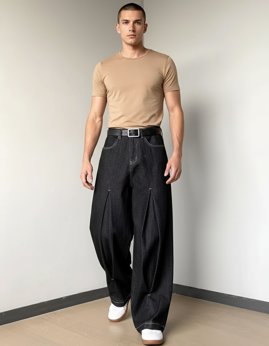 Pantalon Baggy Denim Noir Plissé Ample Streetwear - Jean