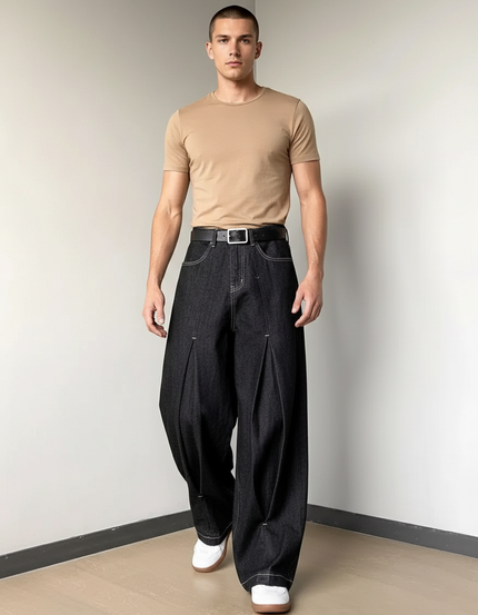 Pantalon Baggy Denim Noir Plissé Ample Streetwear - Jean