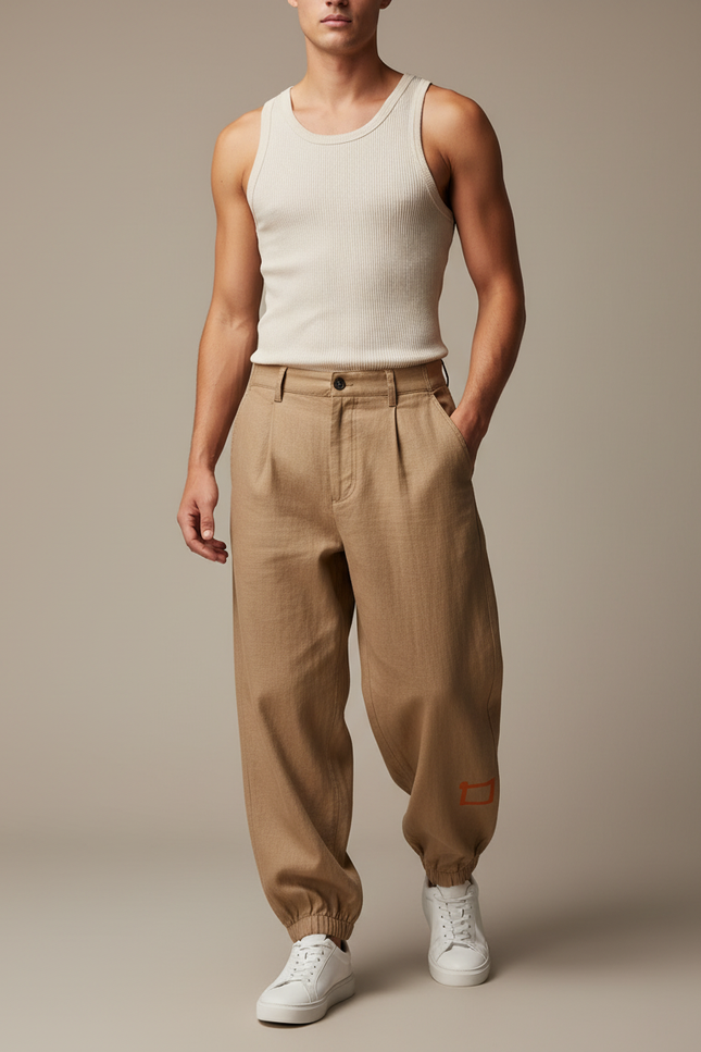 Pantalon Baggy Marron Fluide Plissé Décontracté Homme - Toile
