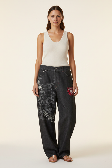 Pantalon Baggy Gris Foncé Imprimé Ample Femme - Jean