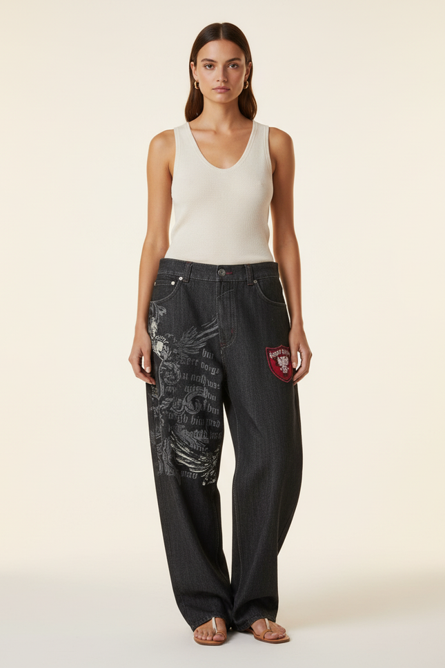 Pantalon Baggy Gris Foncé Imprimé Ample Femme - Jean