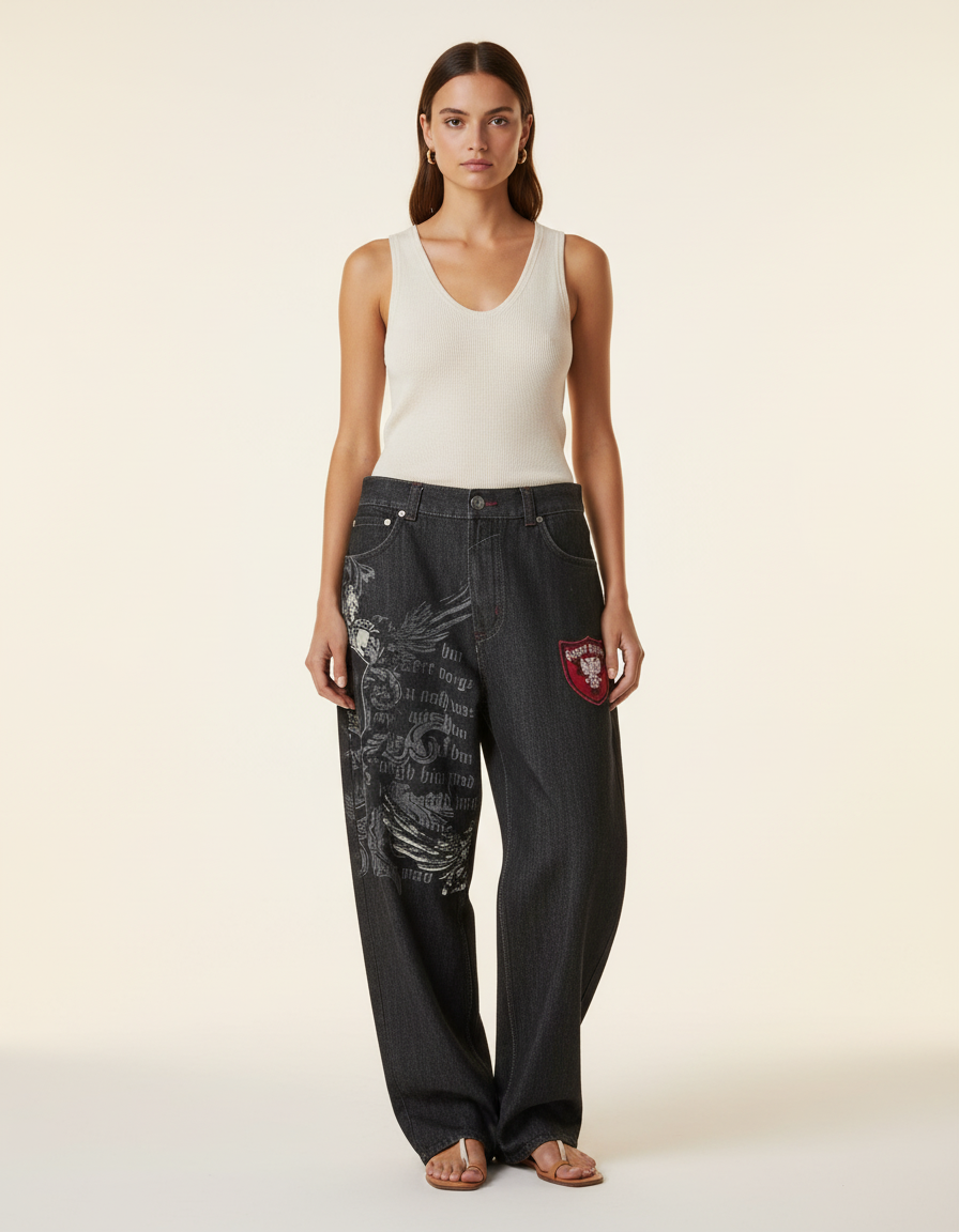 Pantalon Baggy Gris Foncé Imprimé Ample Femme - Jean
