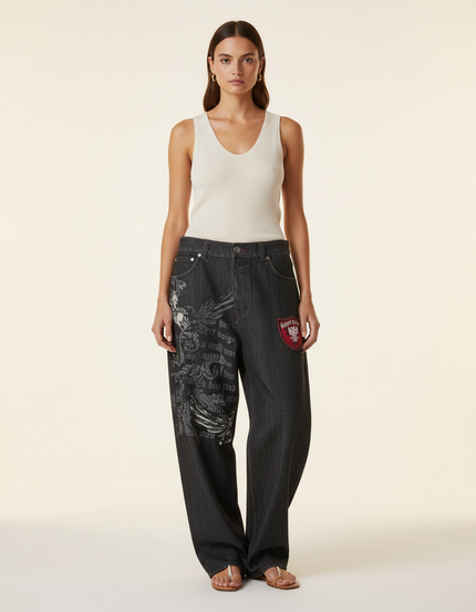 Pantalon Baggy Gris Foncé Imprimé Ample Femme - Jean