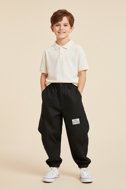 Pantalon Baggy Noir Coton Cargo Ample Garçon - Molleton