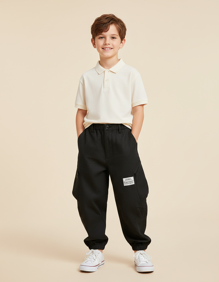 Pantalon Baggy Noir Coton Cargo Ample Garçon - Molleton