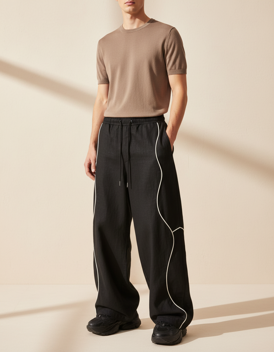 Pantalon Baggy Noir Ample Lin Wavy Homme