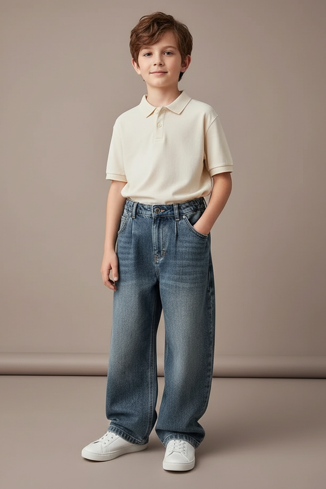 Pantalon Baggy Jean Bleu Plissé Ample Enfant