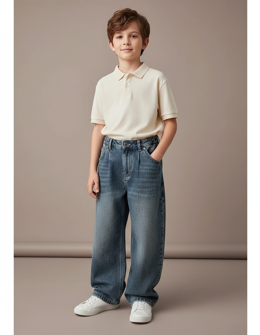 Pantalon Baggy Jean Bleu Plissé Ample Enfant
