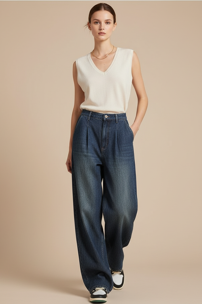 Pantalon Baggy Denim Bleu Ample Plissé Femme - Jean