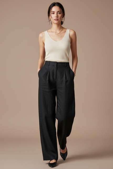 Pantalon Baggy Noir Lin Ample Plissé Élégant