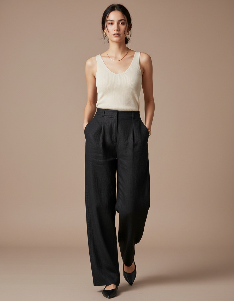Pantalon Baggy Noir Lin Ample Plissé Élégant