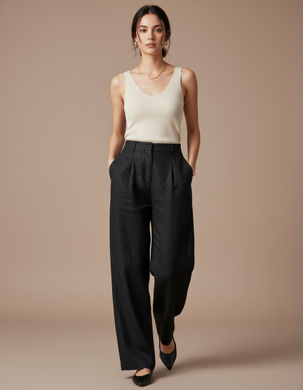Pantalon Baggy Noir Lin Ample Plissé Élégant