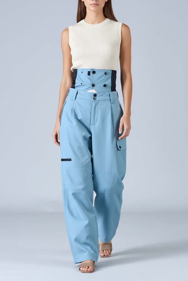 Pantalon Baggy Bleu Ciel Cargo Ample Taille Haute - Toile