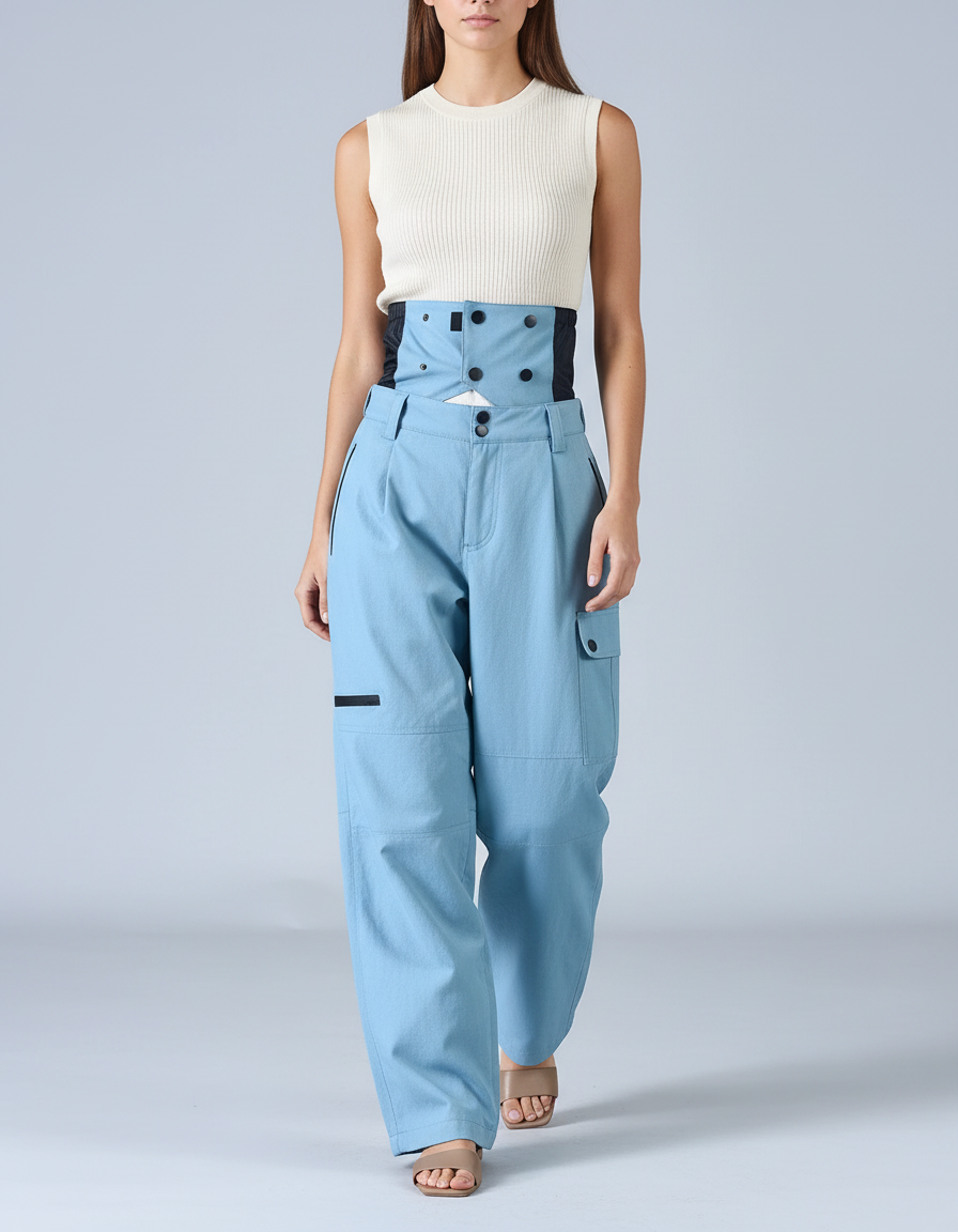 Pantalon Baggy Bleu Ciel Cargo Ample Taille Haute - Toile