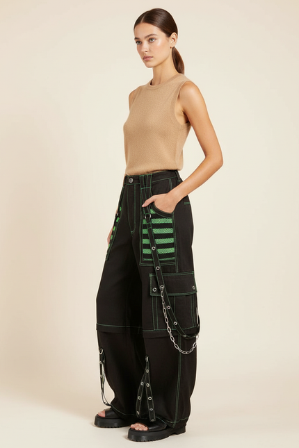 Pantalon Baggy Noir Vert Chaînes Denim Cargo Femme - Jean