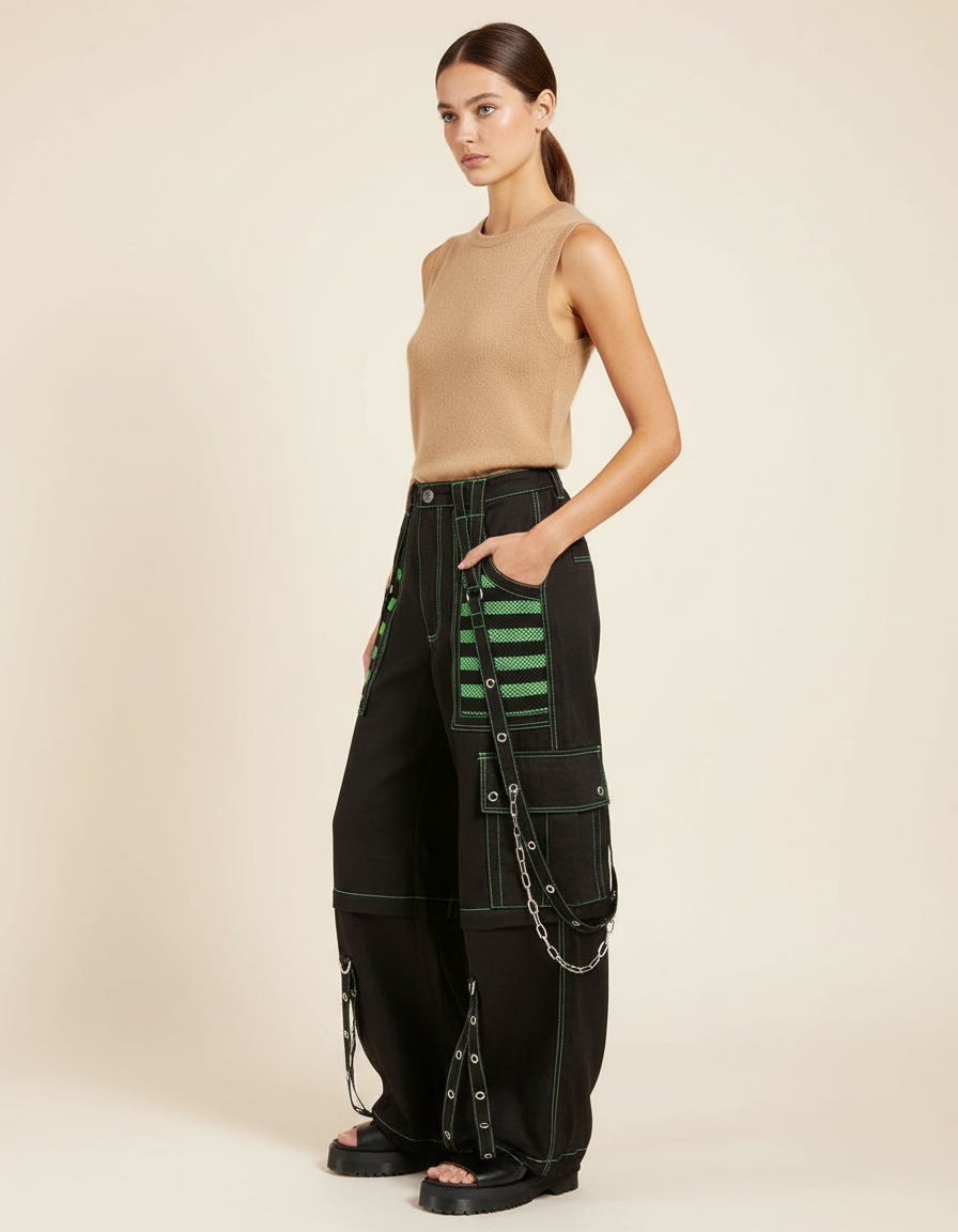 Pantalon Baggy Noir Vert Chaînes Denim Cargo Femme - Jean
