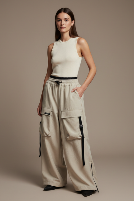 Pantalon Baggy Beige Cargo Ample Décontracté - Toile