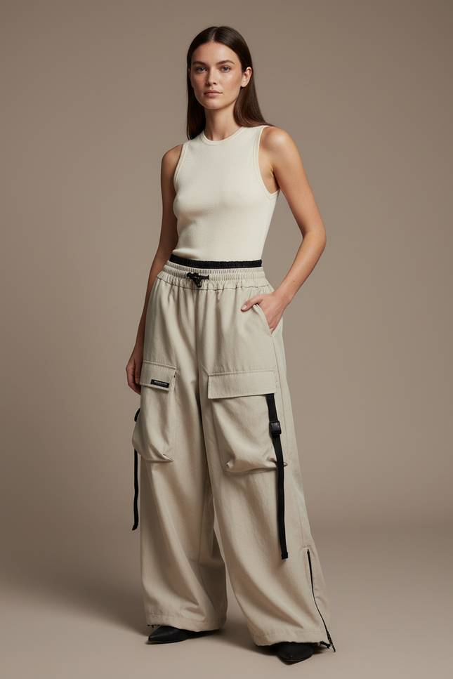 Pantalon Baggy Beige Cargo Ample Décontracté - Toile