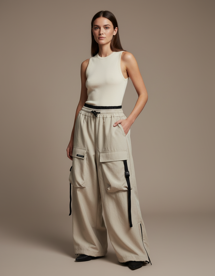 Pantalon Baggy Beige Cargo Ample Décontracté - Toile