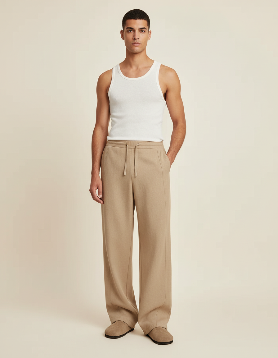 Pantalon Baggy Beige Tricoté Ample Décontracté Homme - Molleton