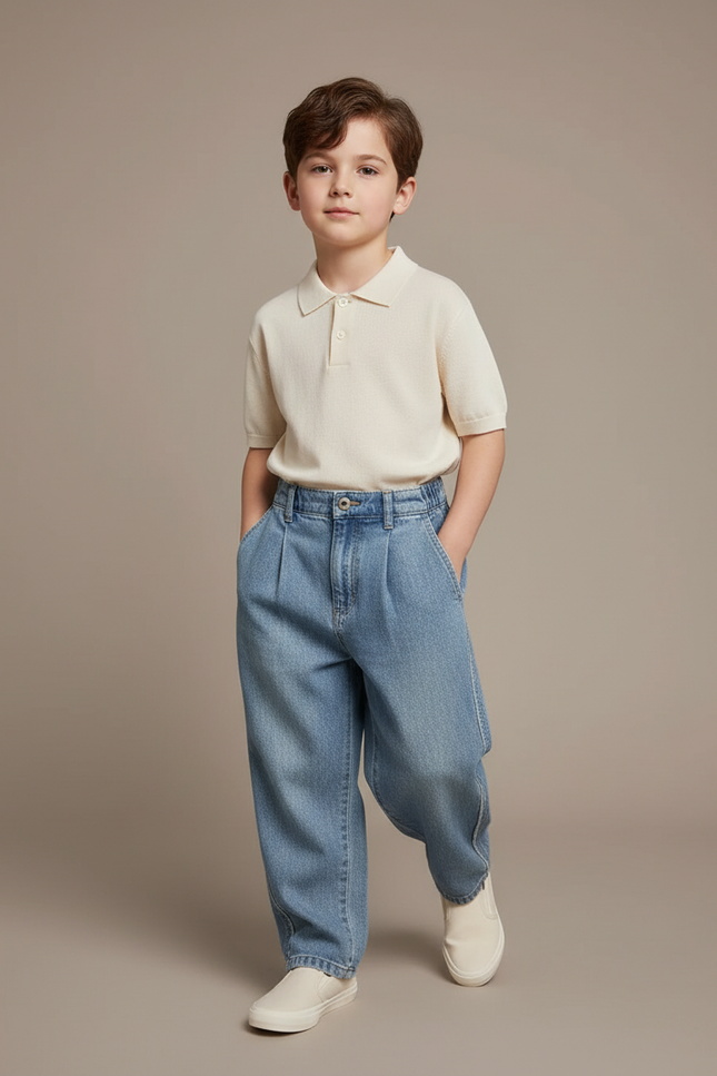 Pantalon Baggy Jean Bleu Ample Plissé Enfant