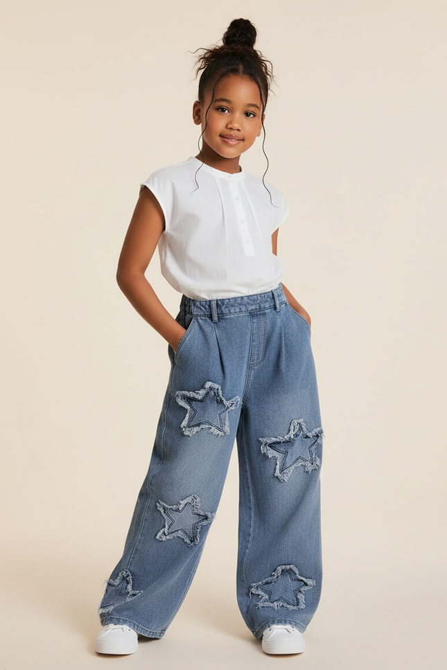 Pantalon Baggy Bleu Jean Étoiles Ample Décontracté Enfant