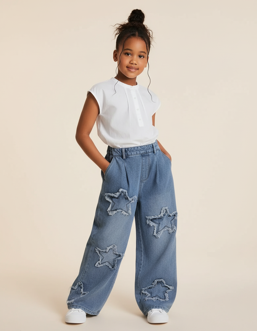 Pantalon Baggy Bleu Jean Étoiles Ample Décontracté Enfant