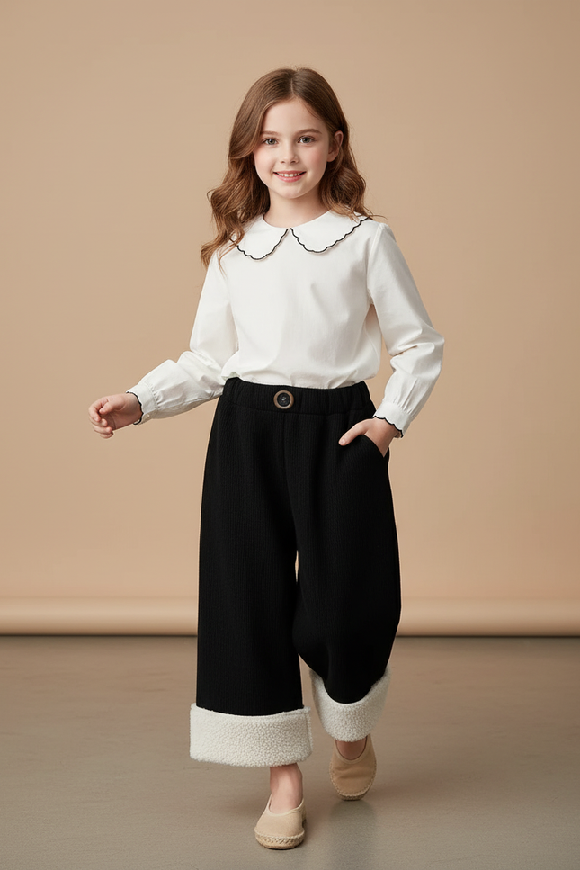 Pantalon Baggy Noir Côtelé Doublé Polaire Ample Fille - Cordé