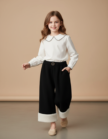 Pantalon Baggy Noir Côtelé Doublé Polaire Ample Fille - Cordé