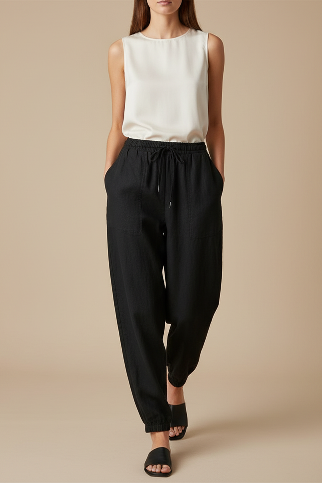Pantalon Baggy Noir Lin Cordon Ample Décontracté Femmes
