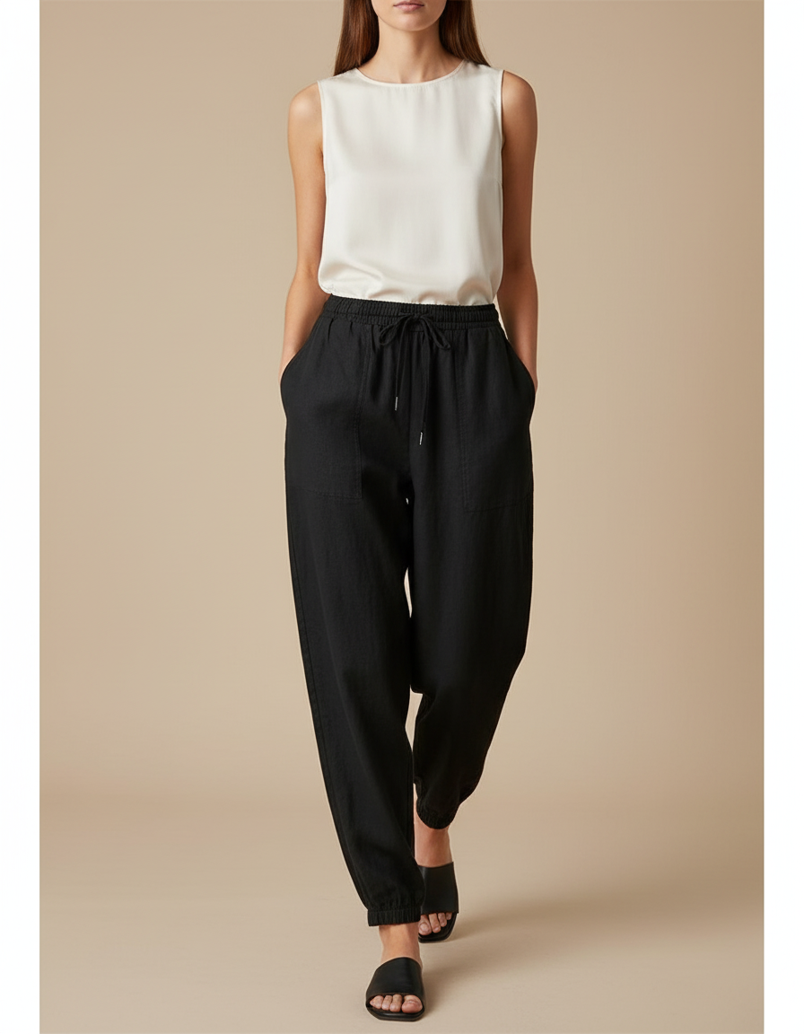 Pantalon Baggy Noir Lin Cordon Ample Décontracté Femmes