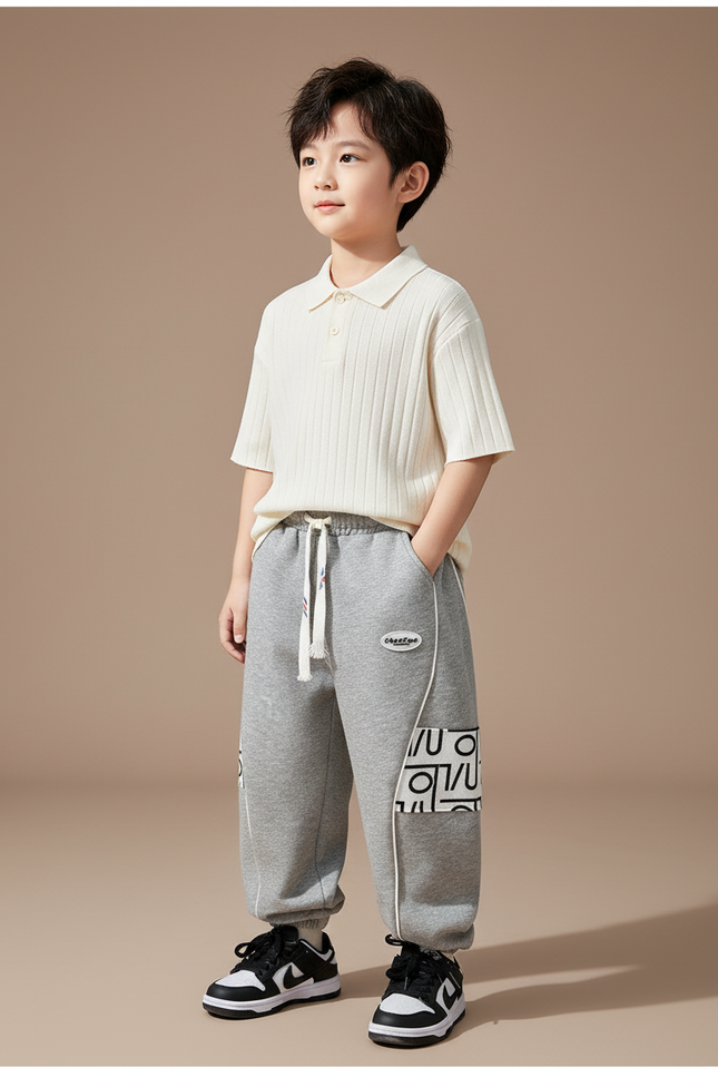 Pantalon Baggy Gris Ample Molleton Décontracté Graphique Enfant