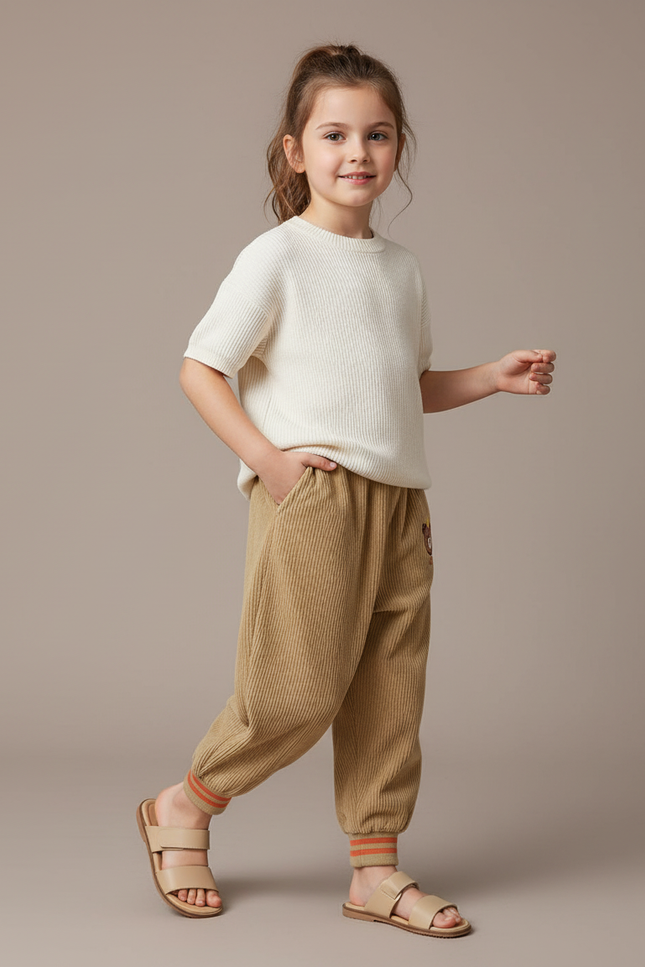 Pantalon Baggy Velours Côtelé Marron Ours Enfant Hiver - Camel Cordé