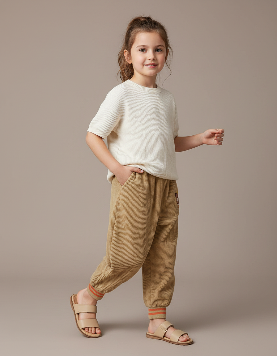 Pantalon Baggy Velours Côtelé Marron Ours Enfant Hiver - Camel Cordé