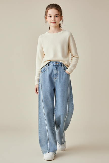 Pantalon Baggy Denim Bleu Ample Couture Apparente Fille - Jean