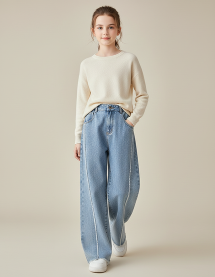 Pantalon Baggy Denim Bleu Ample Couture Apparente Fille - Jean