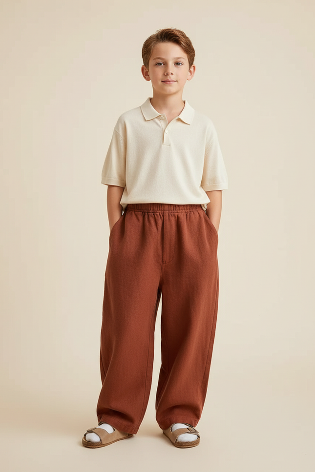 Pantalon Baggy Marron Ample Lin Décontracté Enfant