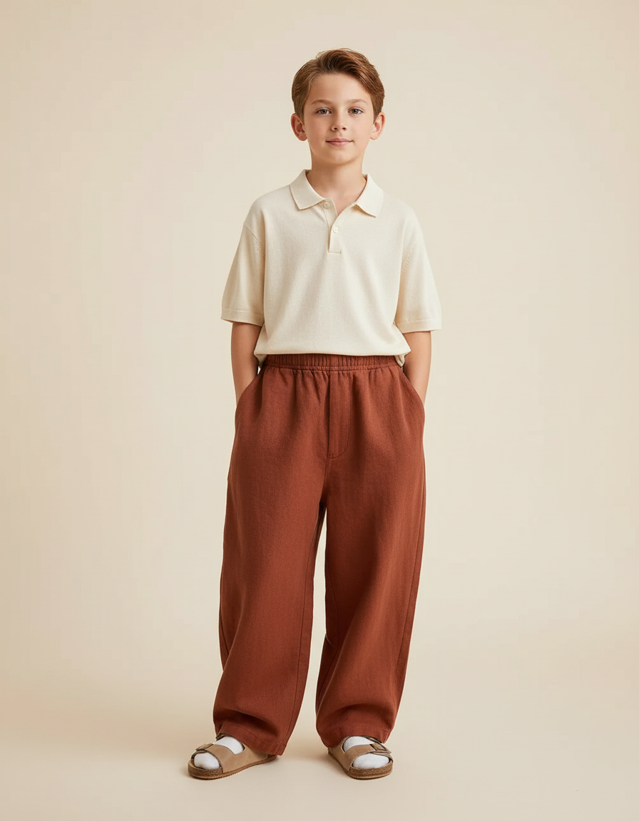 Pantalon Baggy Marron Ample Lin Décontracté Enfant