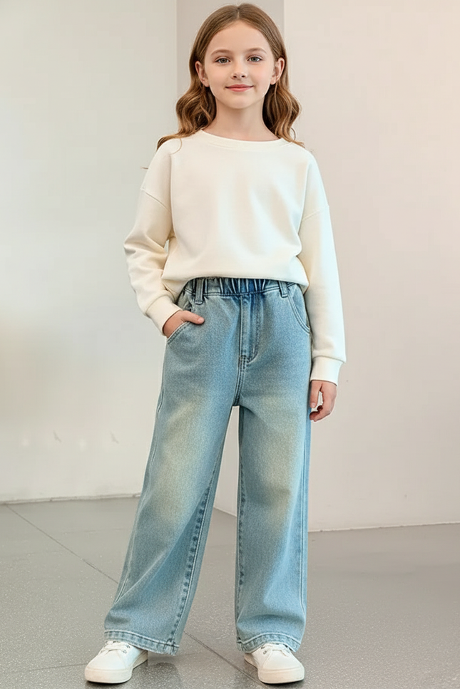 Pantalon Baggy Jean Denim Ample Décontracté Enfant Lavé - Bleu