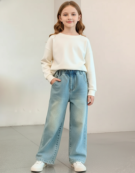 Pantalon Baggy Jean Denim Ample Décontracté Enfant Lavé - Bleu