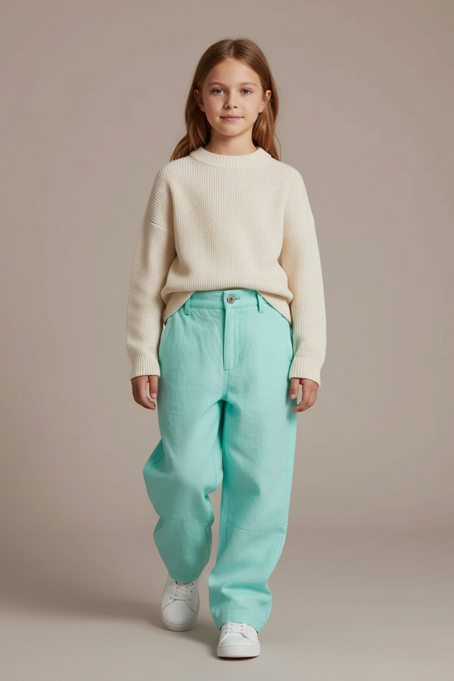 Pantalon Baggy Vert Menthe Ample Décontracté Coton Enfant